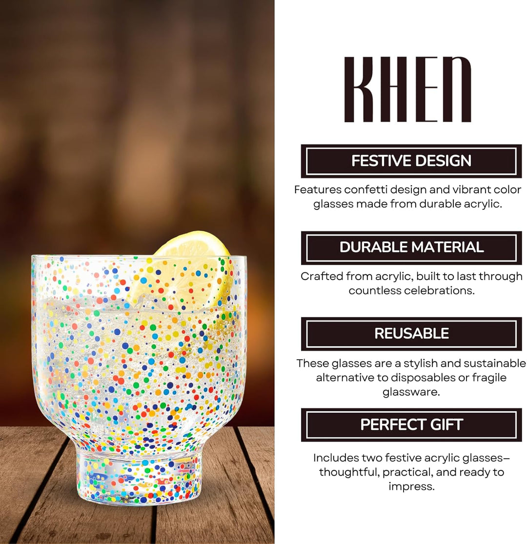 Khen Confetti Stemless Tumblers Set Colorful Drinkware Barware Clear Festive Cups - 12oz Clear