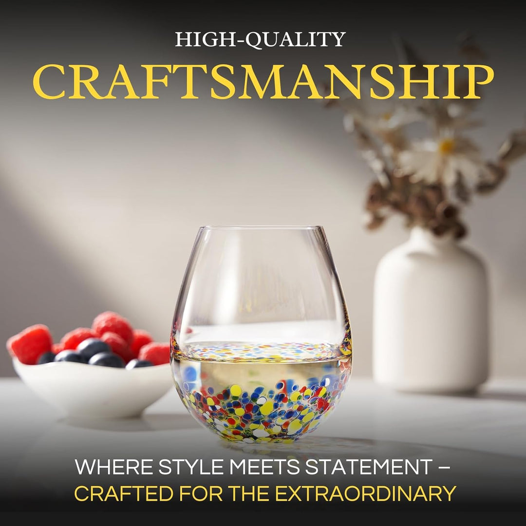 The Wine Savant Mexican Wine Glasses Hand Blown Confetti Rock Artistic Break Resistant Glass Drinkware - Clear
