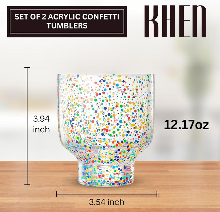 Khen Confetti Stemless Tumblers Set Colorful Drinkware Barware Clear Festive Cups - 12oz Clear