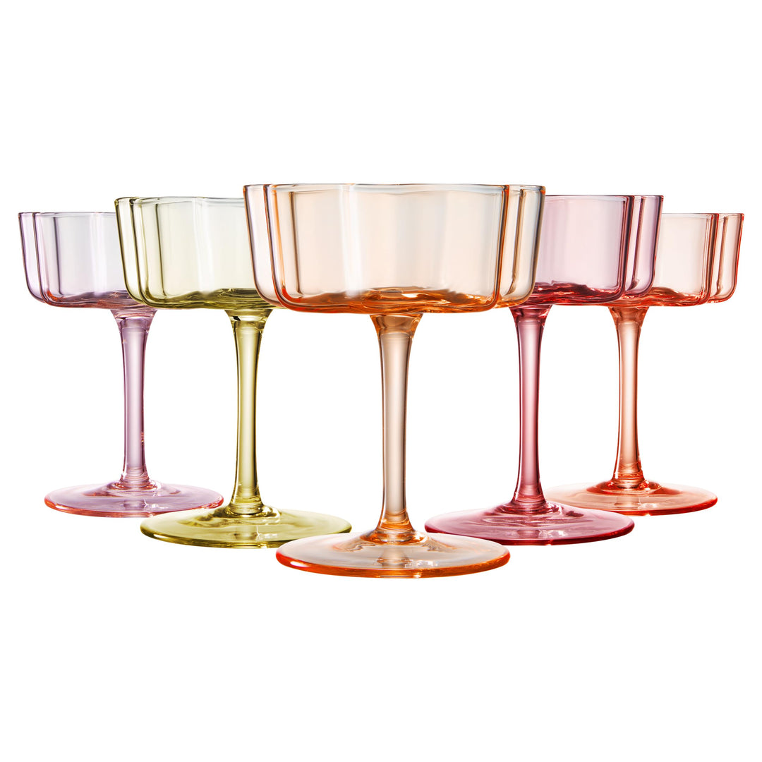 Flower Wave Coupe Cocktail Colored Glasses | Set of 5 | Fall/Holiday Colors