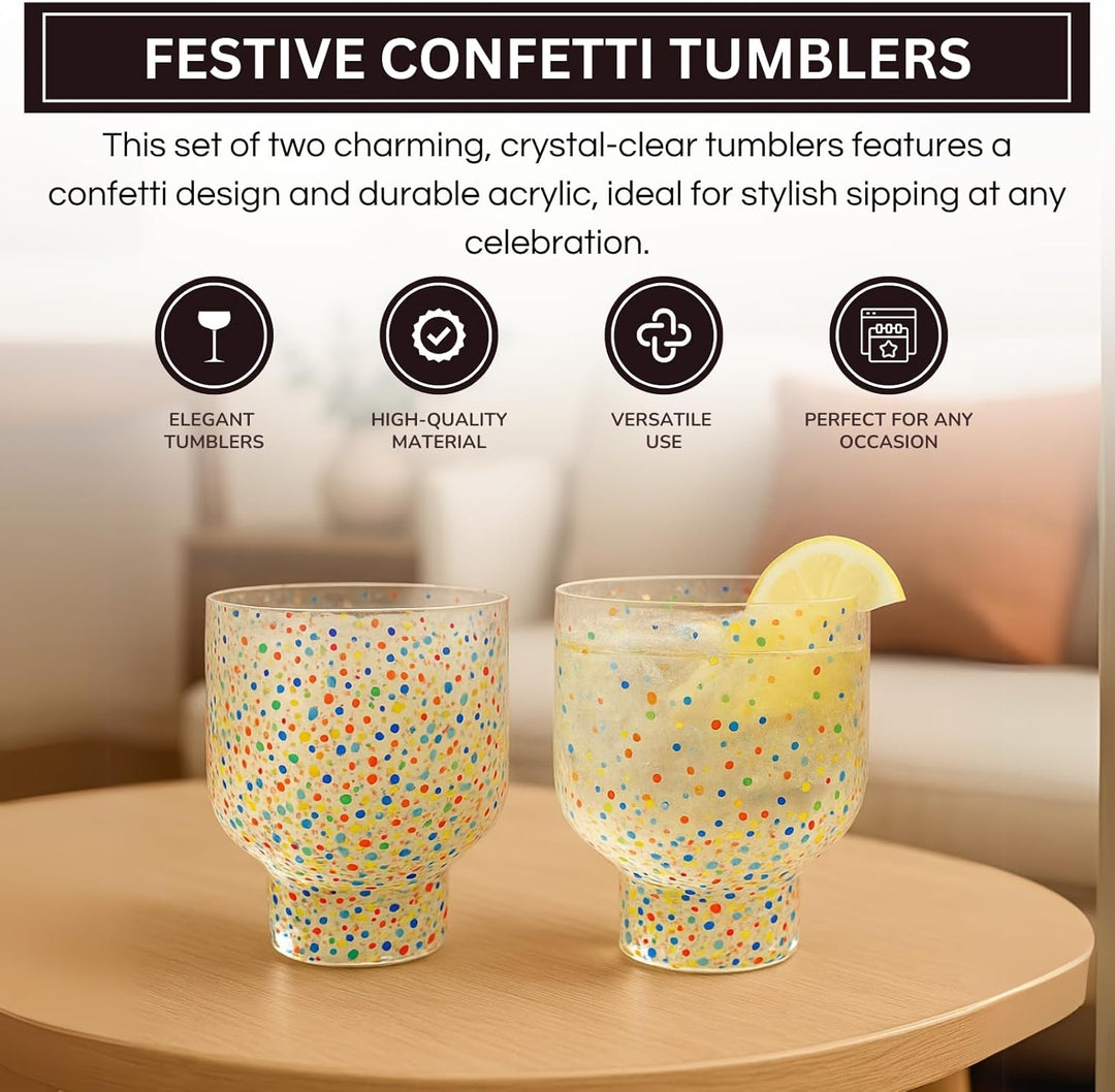 Khen Confetti Stemless Tumblers Set Colorful Drinkware Barware Clear Festive Cups - 12oz Clear