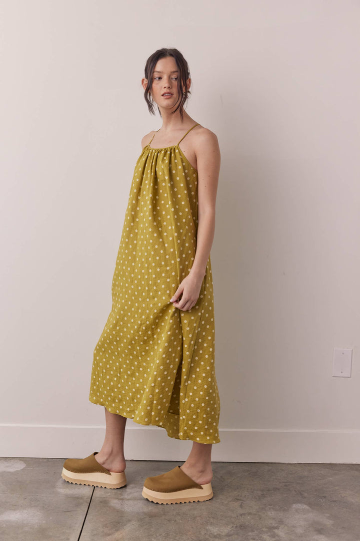 Linen Polka Dot Ankle Dress: Moss