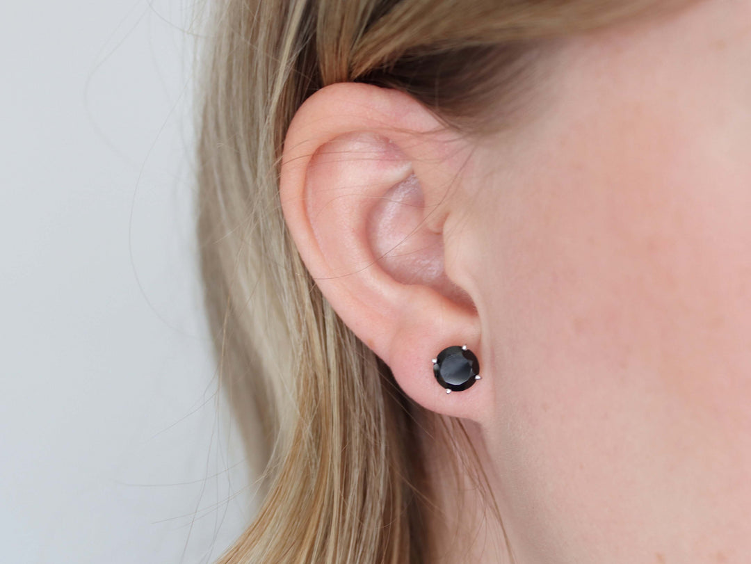 Black Spinel Stud Earrings - 7mm Round