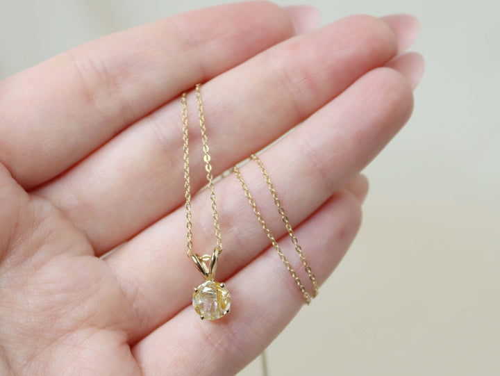 Golden Rutilated Quartz Pendant Necklace - 7mm Round