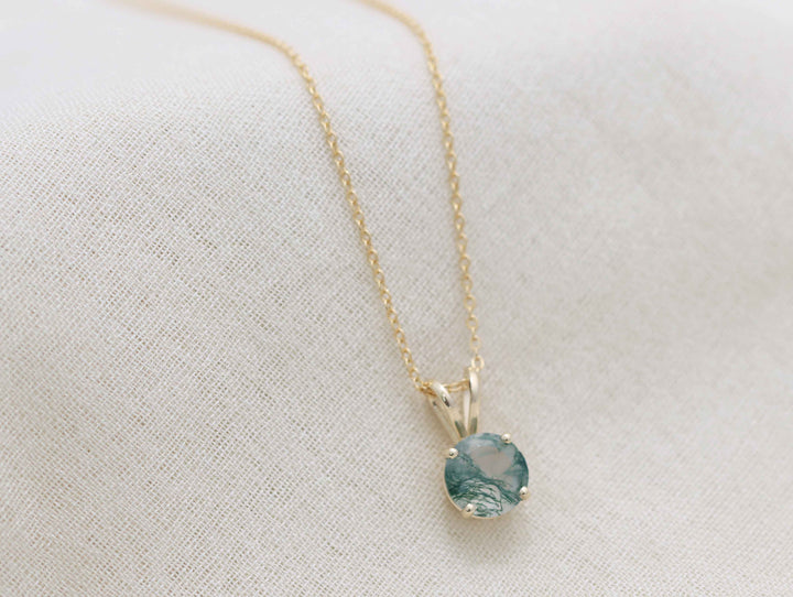 Moss Agate Pendant Necklace - 7mm Round