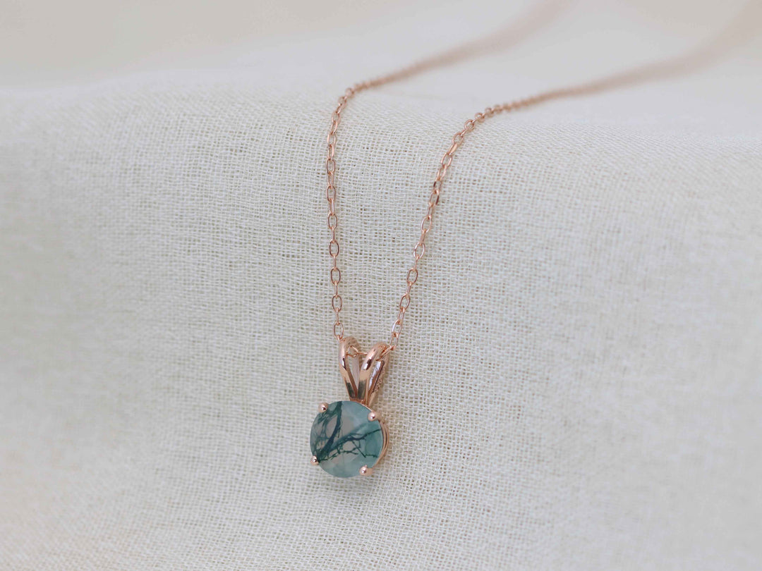 Moss Agate Pendant Necklace - 7mm Round
