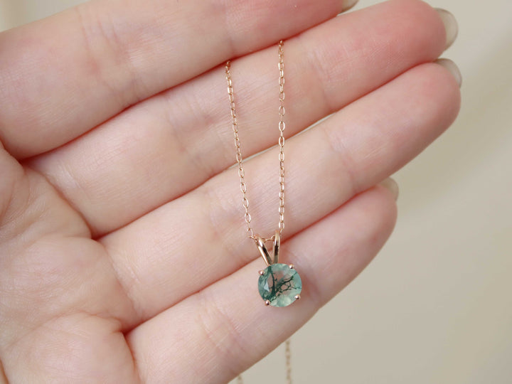 Moss Agate Pendant Necklace - 7mm Round