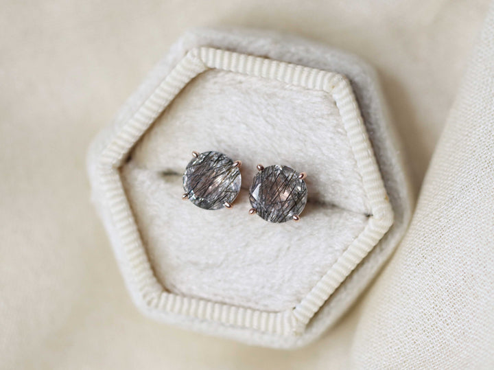 Tourmalinated Quartz Stud Earrings - 7mm Round