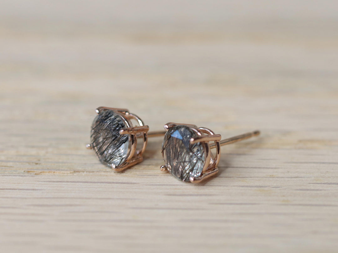 Tourmalinated Quartz Stud Earrings - 7mm Round