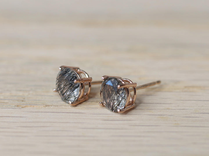 Tourmalinated Quartz Stud Earrings - 7mm Round