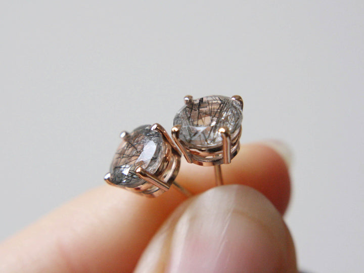Tourmalinated Quartz Stud Earrings - 7mm Round