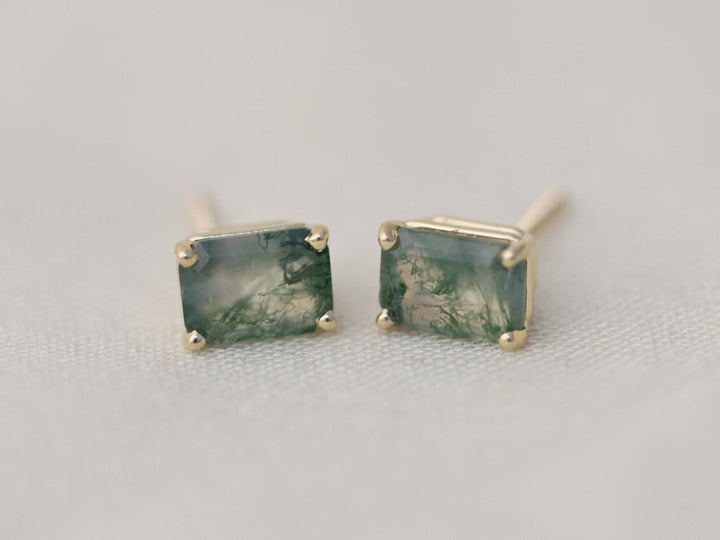 Moss Agate Stud Earrings - 7x5 Emerald Cut