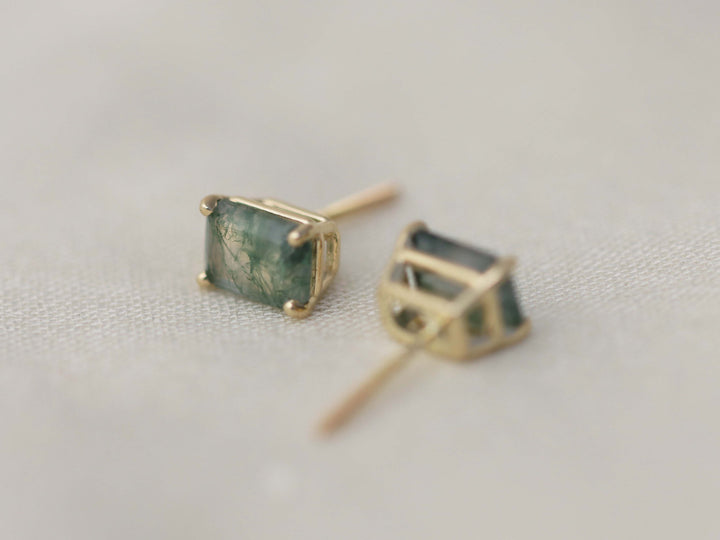 Moss Agate Stud Earrings - 7x5 Emerald Cut