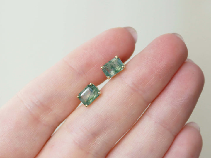 Moss Agate Stud Earrings - 7x5 Emerald Cut