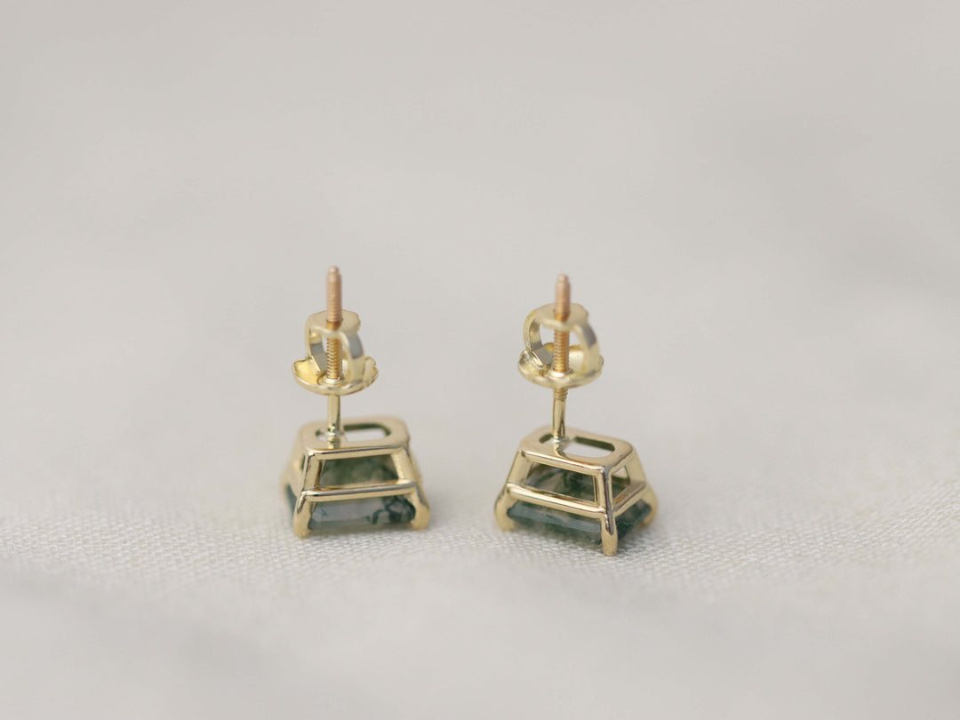 Moss Agate Stud Earrings - 7x5 Emerald Cut