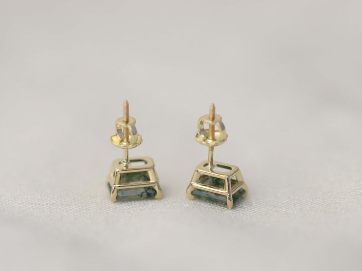 Moss Agate Stud Earrings - 7x5 Emerald Cut