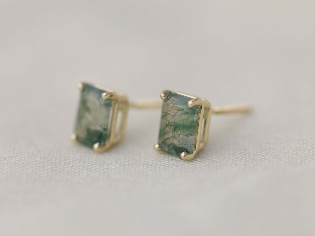 Moss Agate Stud Earrings - 7x5 Emerald Cut