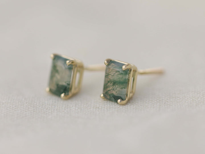 Moss Agate Stud Earrings - 7x5 Emerald Cut