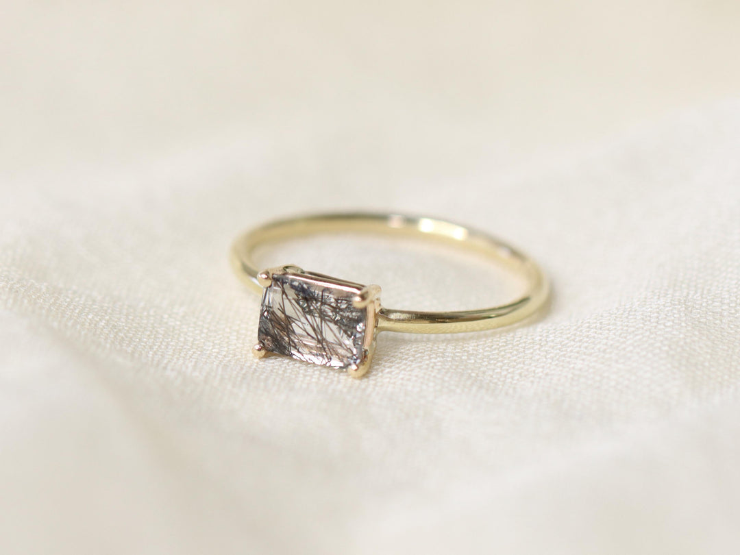 Tourmalinated Quartz Solitaire Ring - 7x5 Emerald Cut