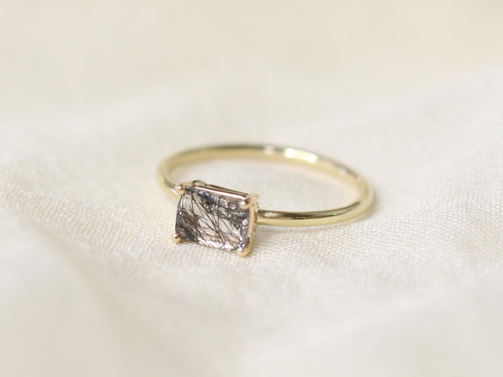 Tourmalinated Quartz Solitaire Ring - 7x5 Emerald Cut