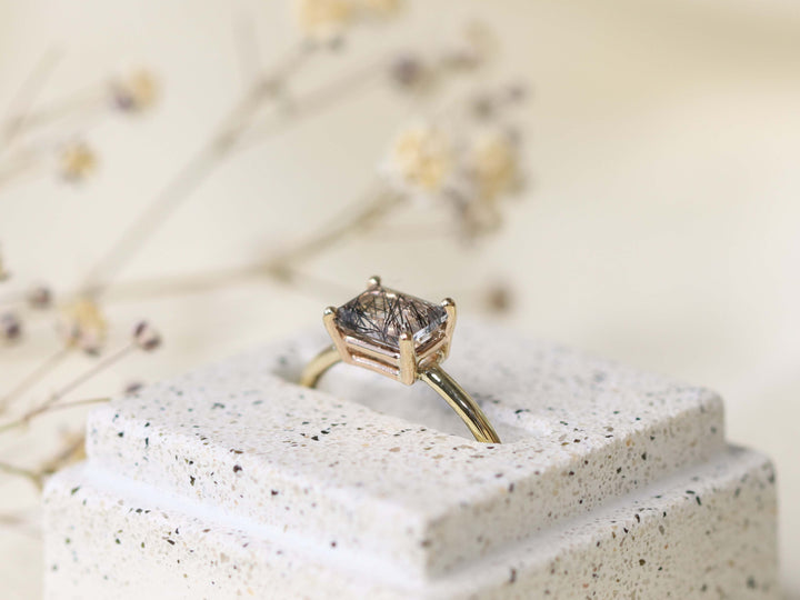 Tourmalinated Quartz Solitaire Ring - 7x5 Emerald Cut