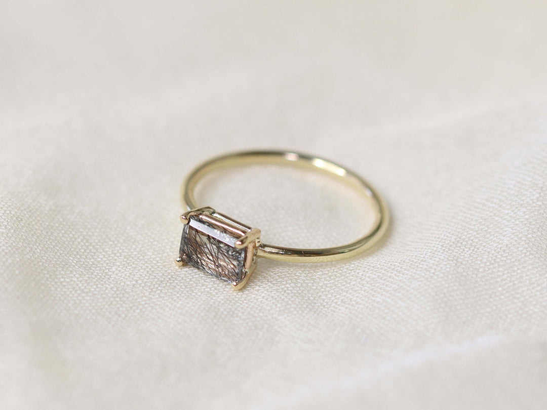 Tourmalinated Quartz Solitaire Ring - 7x5 Emerald Cut