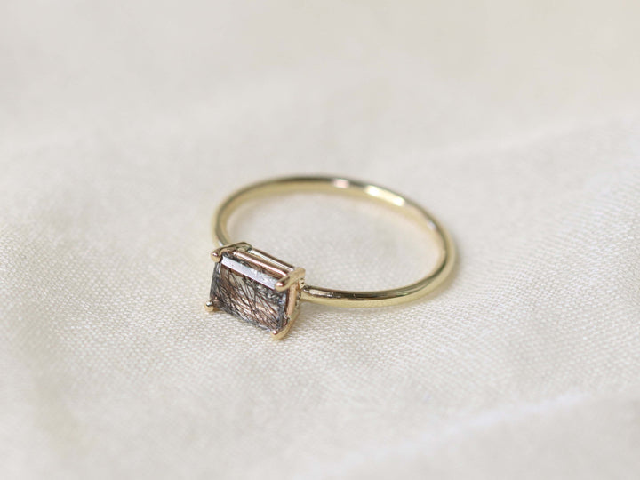 Tourmalinated Quartz Solitaire Ring - 7x5 Emerald Cut