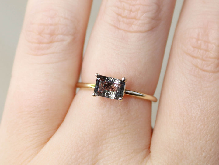 Tourmalinated Quartz Solitaire Ring - 7x5 Emerald Cut