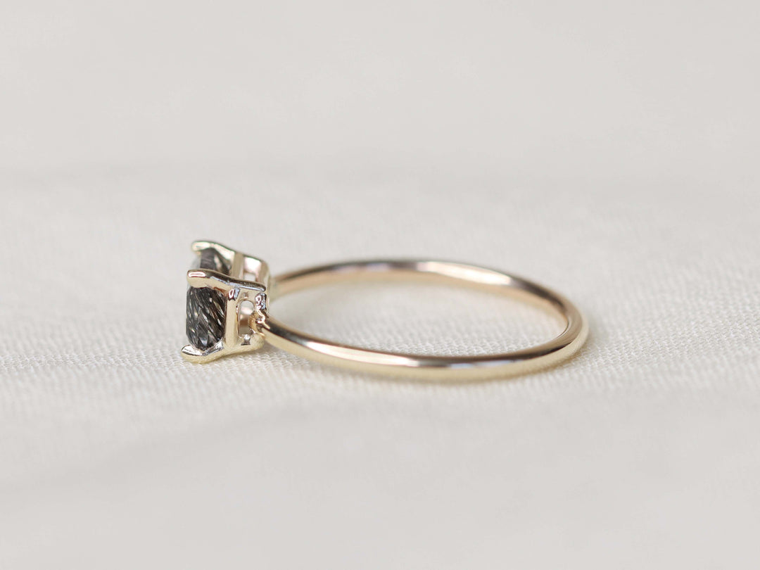 Tourmalinated Quartz Solitaire Ring - 7x5 Emerald Cut