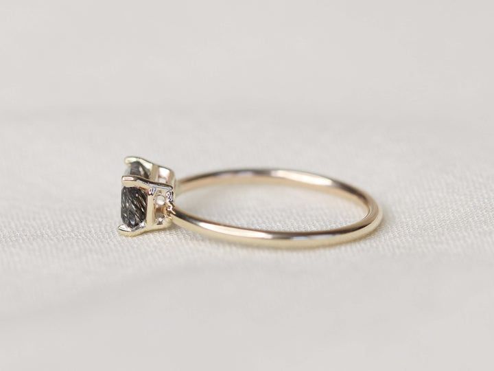 Tourmalinated Quartz Solitaire Ring - 7x5 Emerald Cut