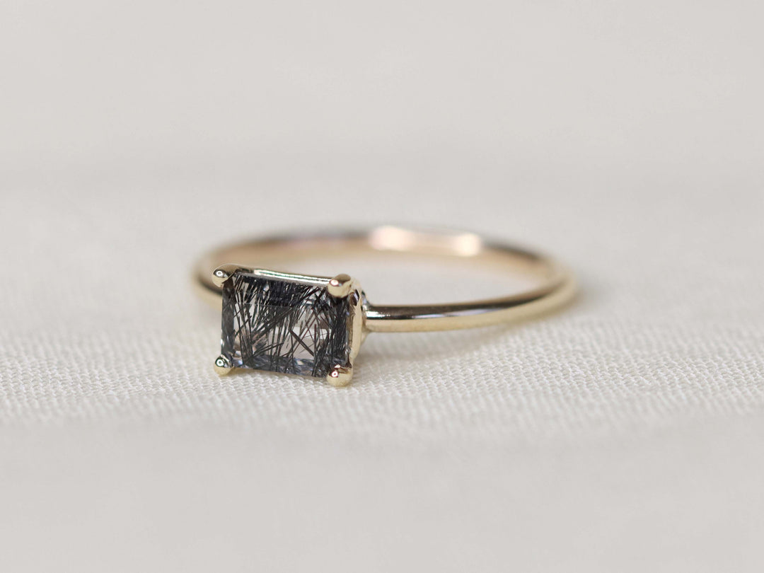 Tourmalinated Quartz Solitaire Ring - 7x5 Emerald Cut