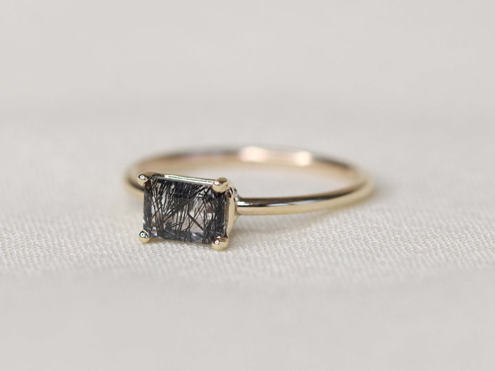 Tourmalinated Quartz Solitaire Ring - 7x5 Emerald Cut