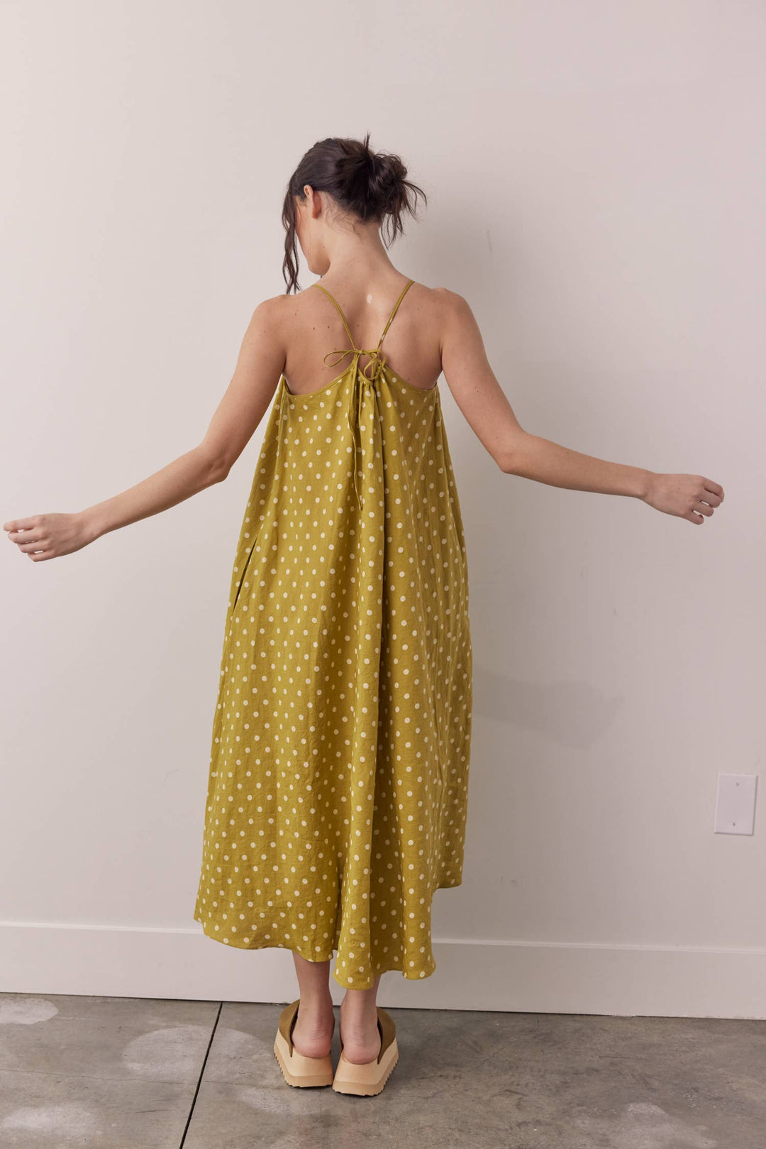 Linen Polka Dot Ankle Dress: Moss
