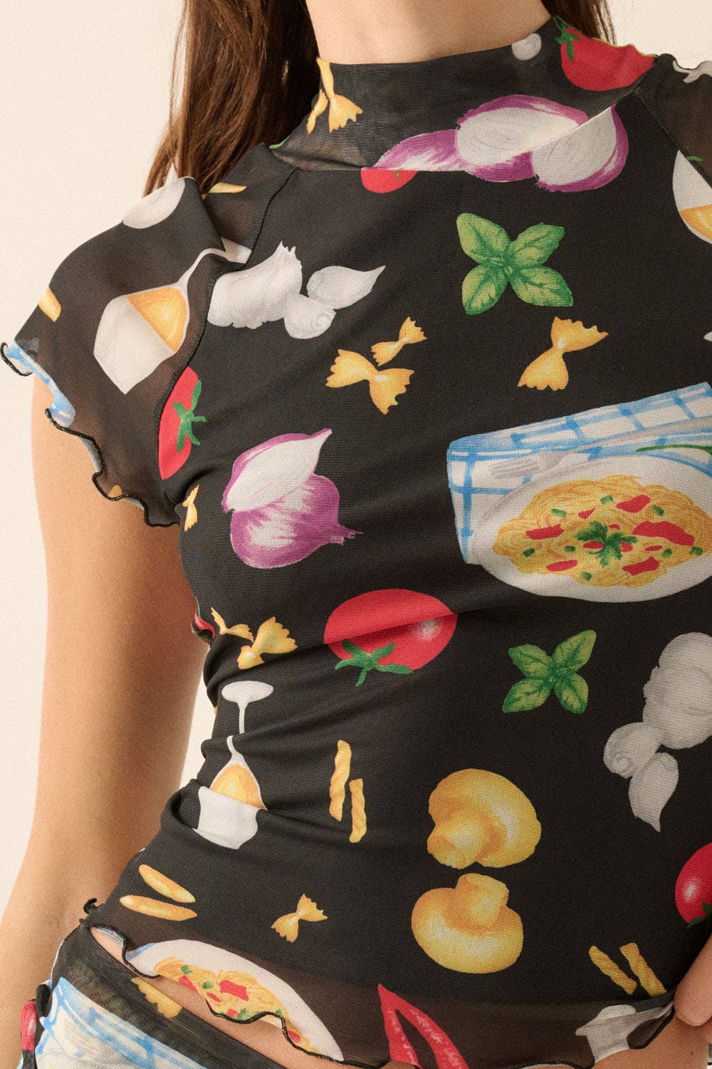 Italian Food Printed Mesh Mock-Neck