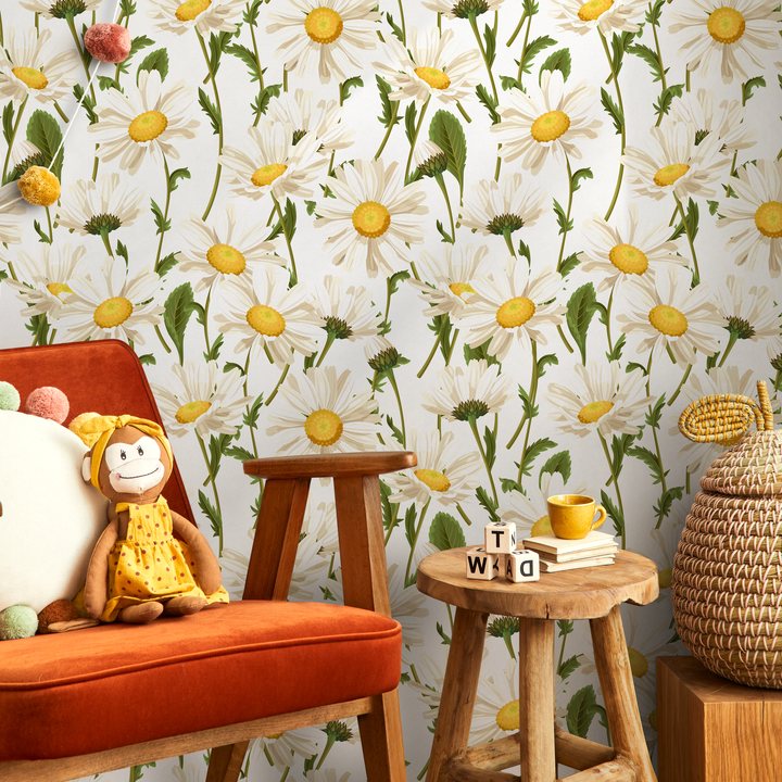 Floral Wallpaper Featuring a Classic Daisy Pattern in White, Yellow, and Green - A209
