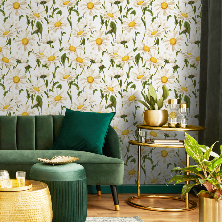 Floral Wallpaper Featuring a Classic Daisy Pattern in White, Yellow, and Green - A209