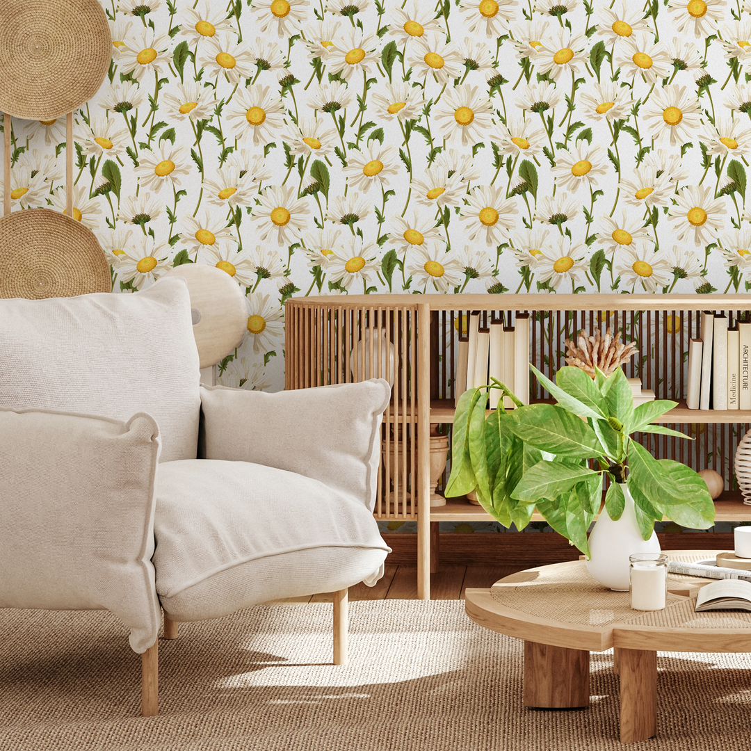 Floral Wallpaper Featuring a Classic Daisy Pattern in White, Yellow, and Green - A209