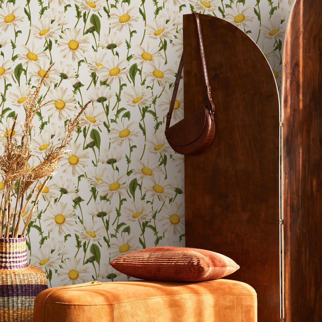 Floral Wallpaper Featuring a Classic Daisy Pattern in White, Yellow, and Green - A209