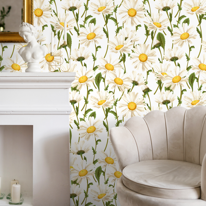 Floral Wallpaper Featuring a Classic Daisy Pattern in White, Yellow, and Green - A209
