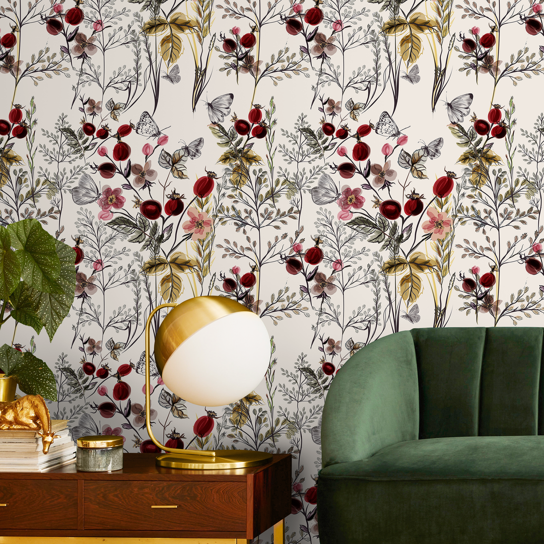 Botanical Wallpaper Featuring Wildflowers and Berries in Red and Pink - A494