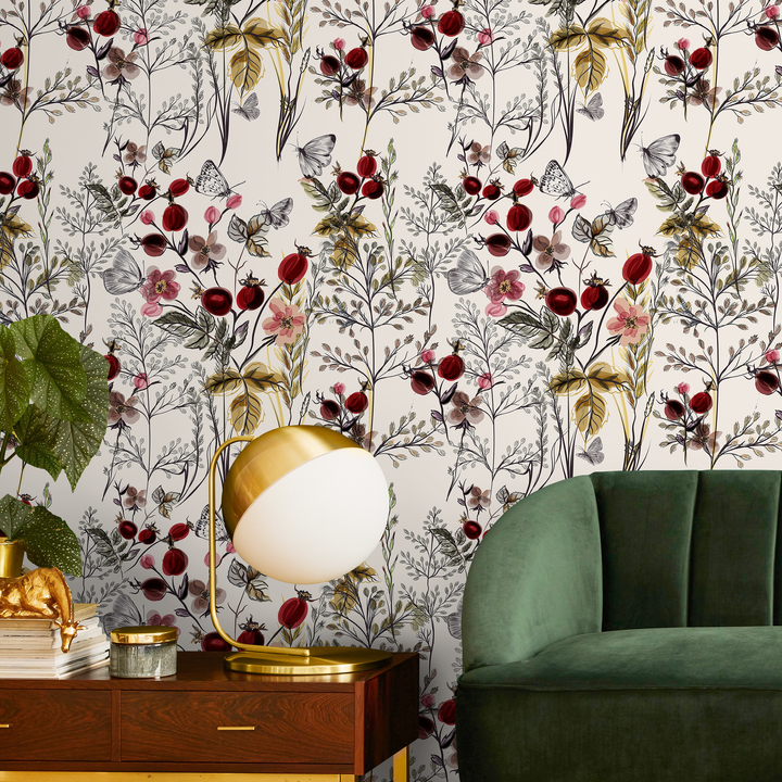 Botanical Wallpaper Featuring Wildflowers and Berries in Red and Pink - A494