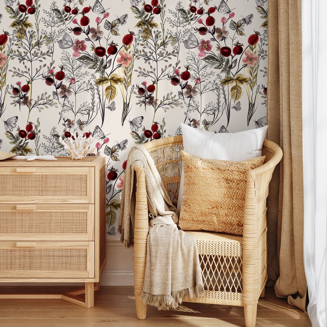 Botanical Wallpaper Featuring Wildflowers and Berries in Red and Pink - A494