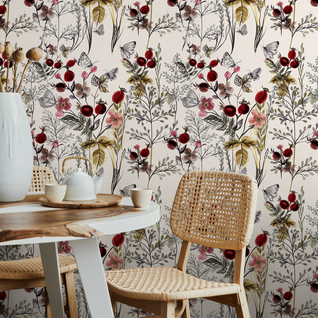 Botanical Wallpaper Featuring Wildflowers and Berries in Red and Pink - A494
