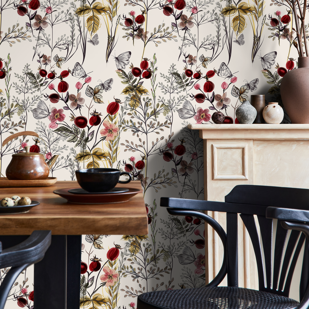 Botanical Wallpaper Featuring Wildflowers and Berries in Red and Pink - A494