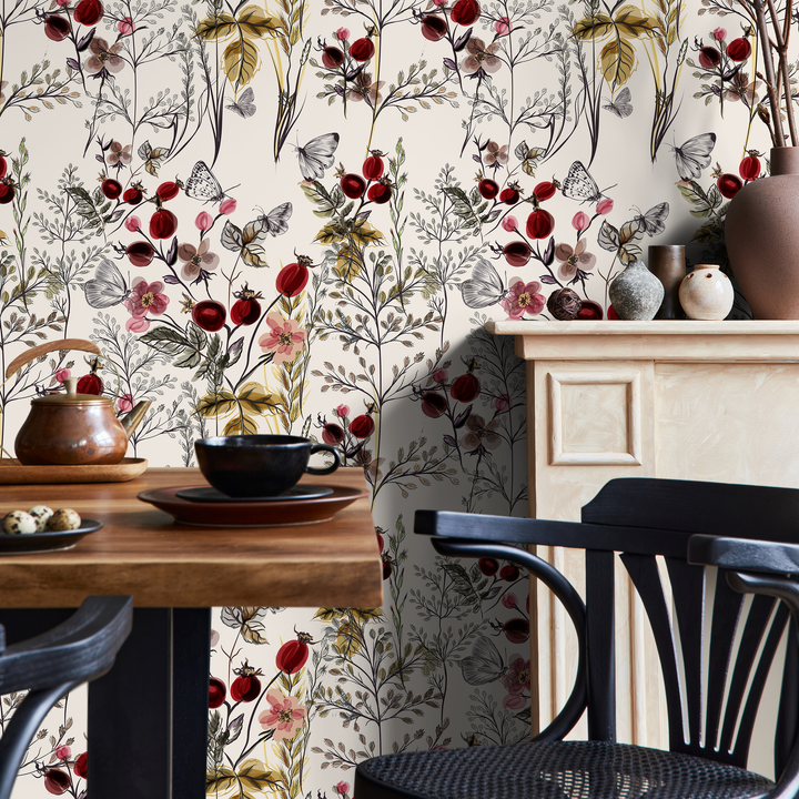 Botanical Wallpaper Featuring Wildflowers and Berries in Red and Pink - A494