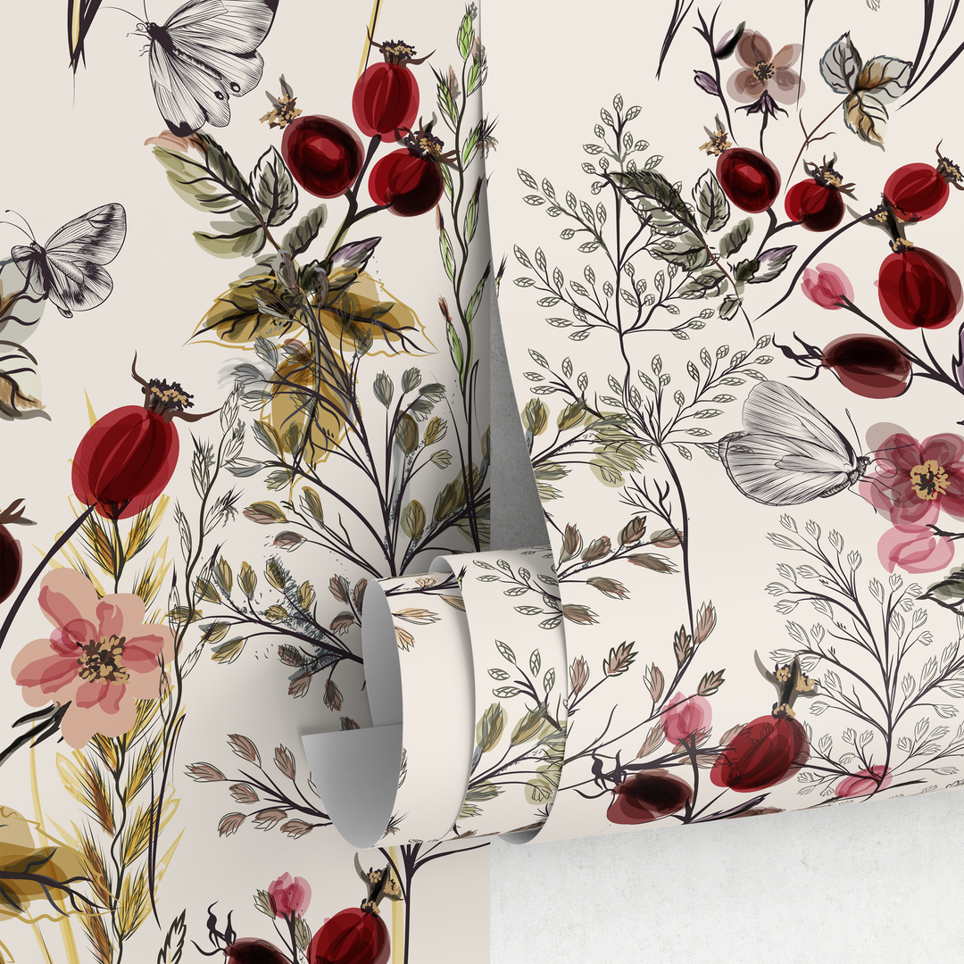 Botanical Wallpaper Featuring Wildflowers and Berries in Red and Pink - A494
