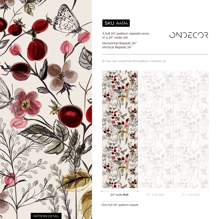 Botanical Wallpaper Featuring Wildflowers and Berries in Red and Pink - A494