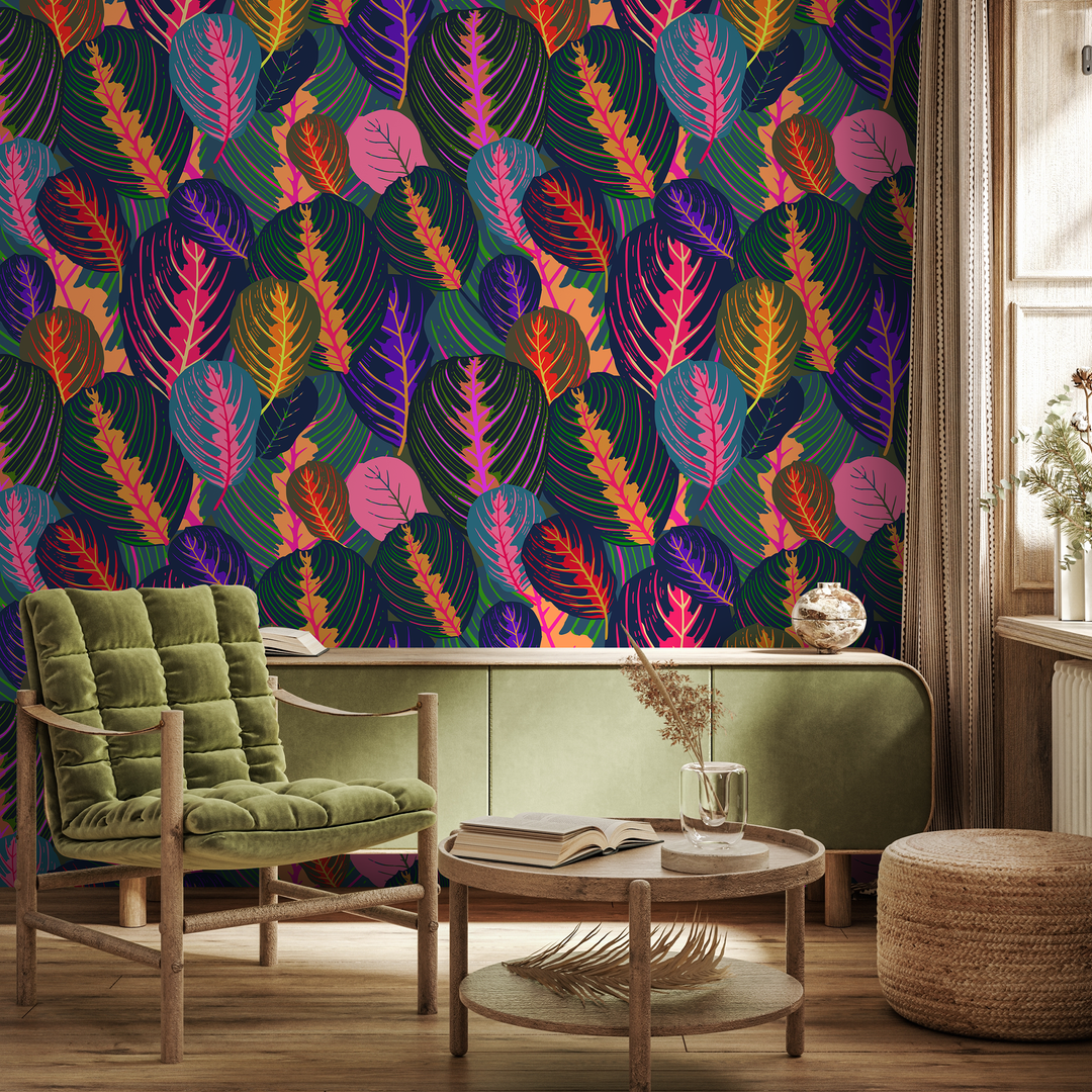Botanical Wallpaper with Stylized Tropical Leaves in Pink, Purple, and Orange - A952