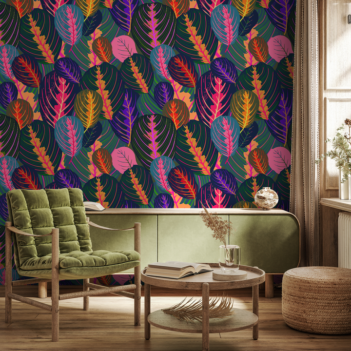 Botanical Wallpaper with Stylized Tropical Leaves in Pink, Purple, and Orange - A952