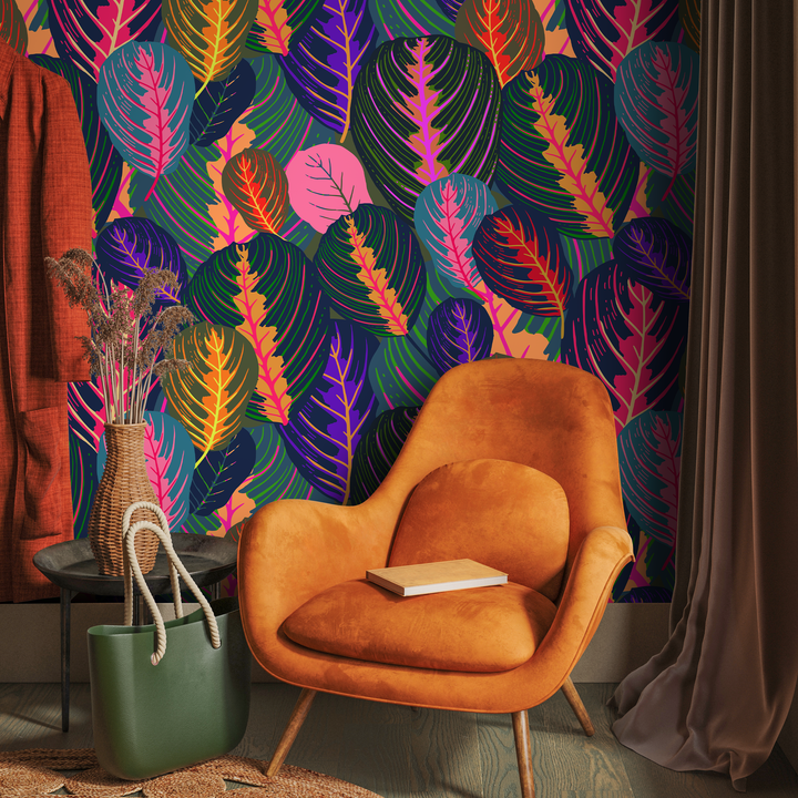 Botanical Wallpaper with Stylized Tropical Leaves in Pink, Purple, and Orange - A952